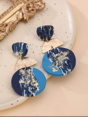 Blue Marble Drop Earrings with Gold Accents